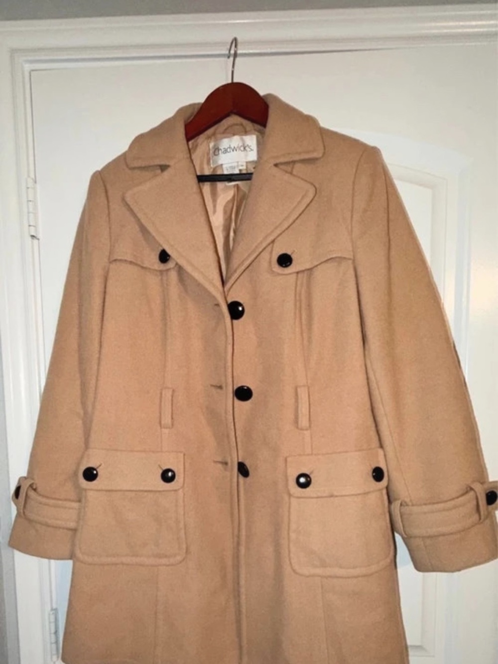 Chadwicks 100% Wool Camel Belted Pea Coat Size 10 Belted Black Buttons